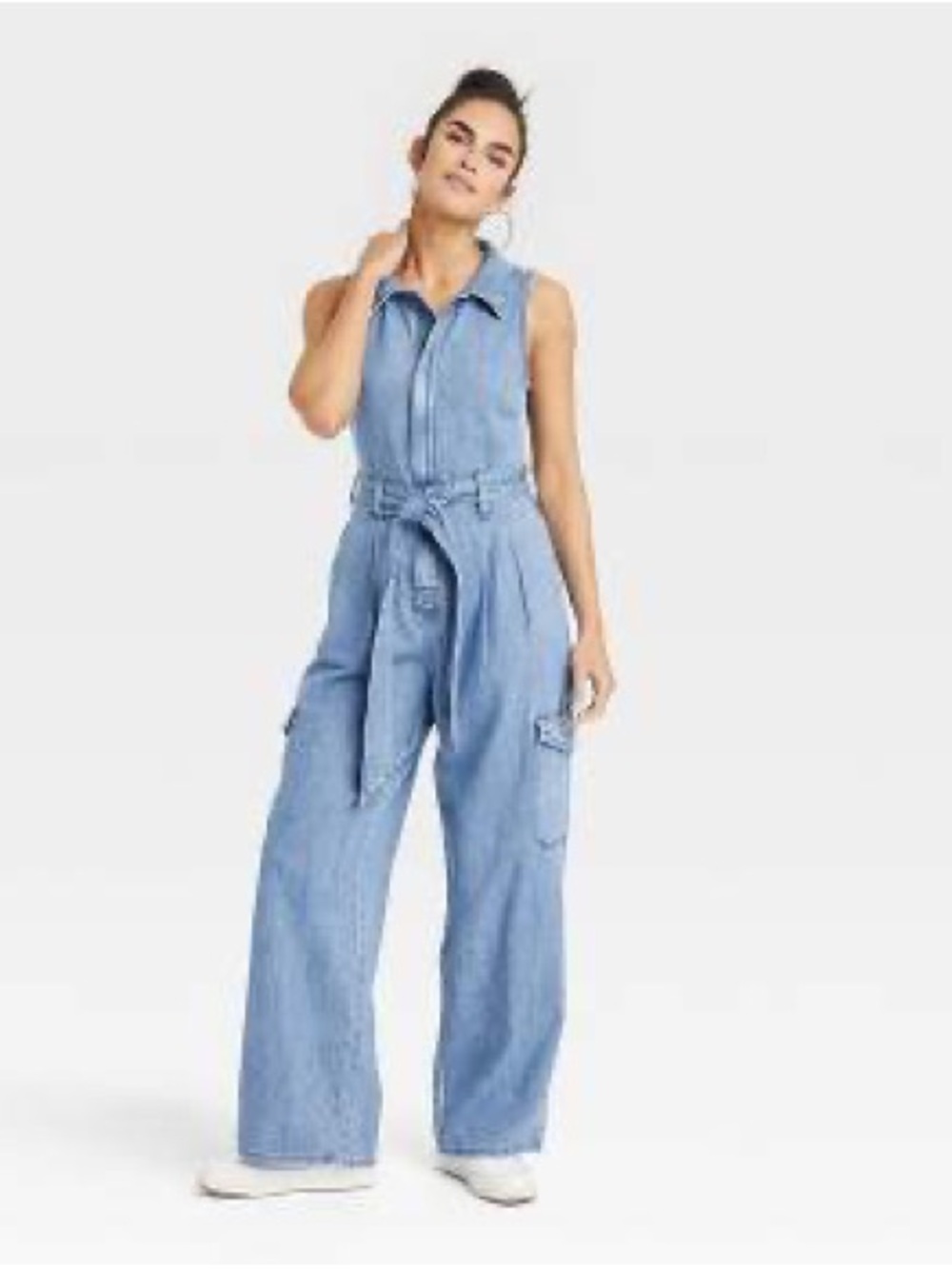 Universal Thread Sleeveless Denim Jumpsuit in Light Blue with Tie Waist NWOT